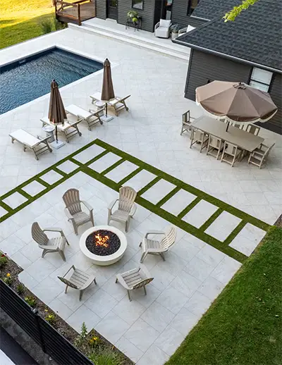 Modern outdoor living space with fire pit